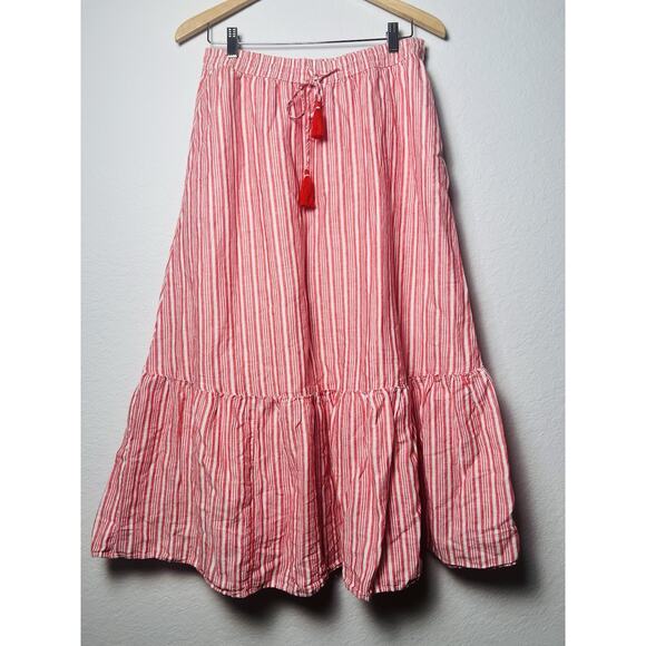 Talbots Linen Blend Red Striped Maxi Skirt Sz M Lined Ruffle Flare Tassel Boho - Picture 1 of 9